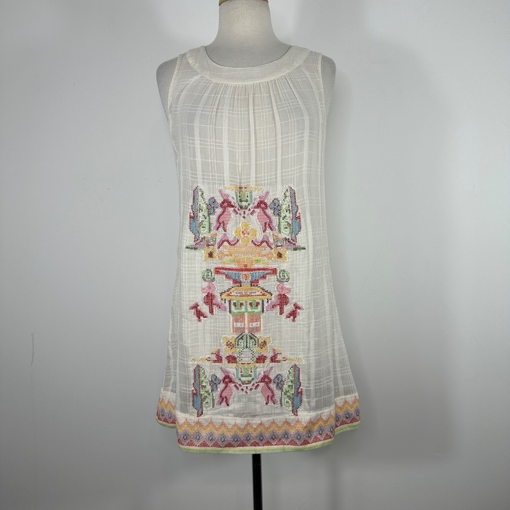 Y2K Da-Nang White Boho Sleeveless Cotton Embroidery Beaded Shift Dress Size S - Picture 2 of 15